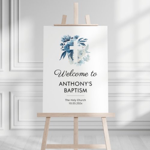 watercolor blue floral baptism welcome sign