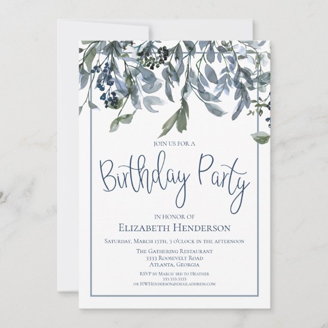 Watercolor Blue Floral Birthday Party Invitation (Front)