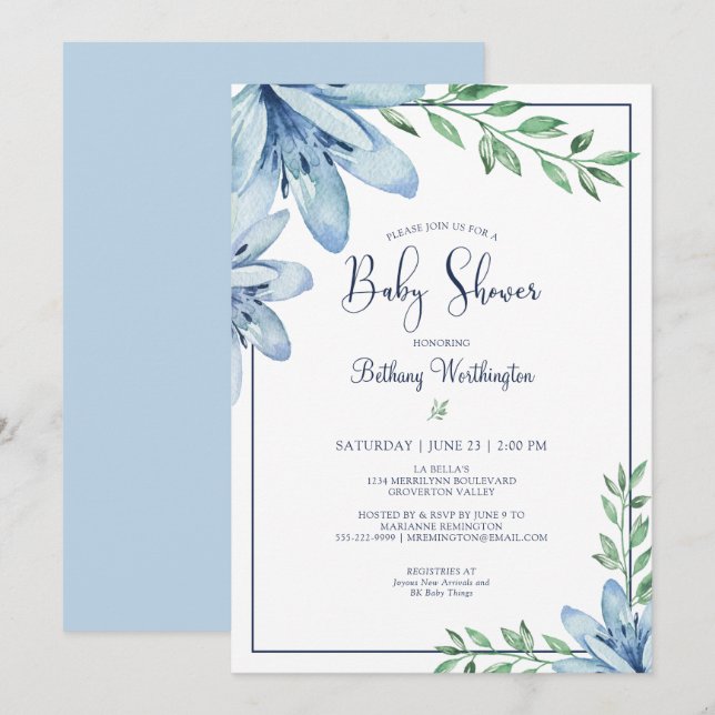 Watercolor Blue Floral Blooms Baby Shower Invitation (Front/Back)