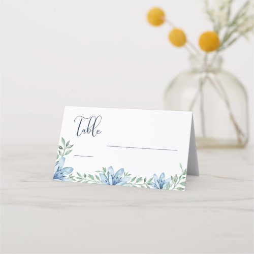 Watercolor Blue Floral Blooms Table Wedding Place Card