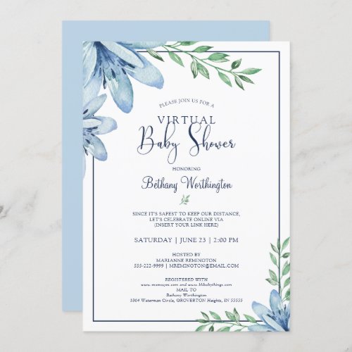 Watercolor Blue Floral Blooms Virtual Baby Shower Invitation