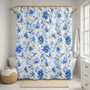 Watercolor Blue Floral Botanical Shower Curtain
