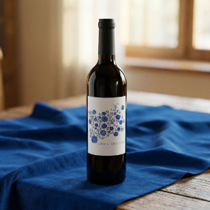 Watercolor Blue Floral Bouquet Wedding Wine Label