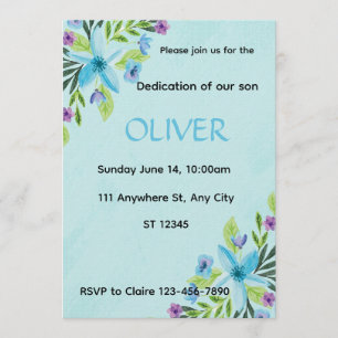 Watercolor Blue Floral Boy Dedication Invitation