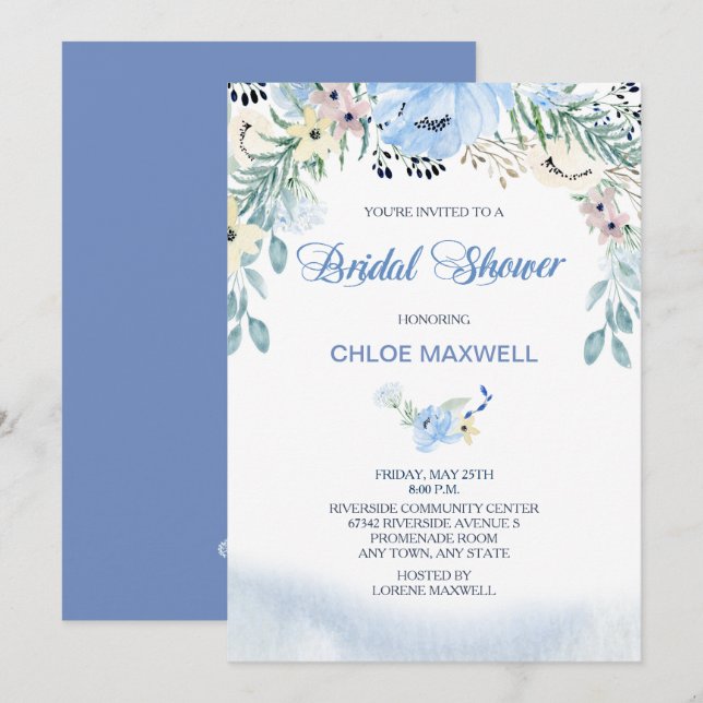Watercolor Blue Floral Bridal Shower Invitation (Front/Back)