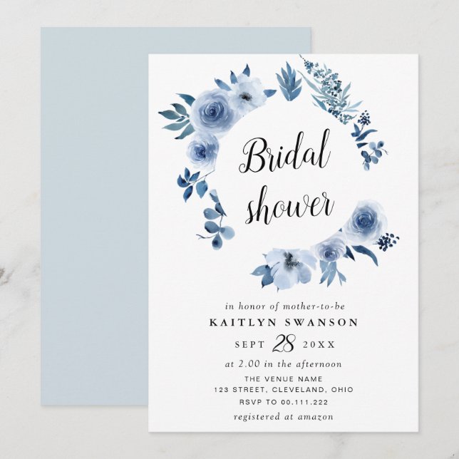 Watercolor blue floral bridal shower invitation (Front/Back)
