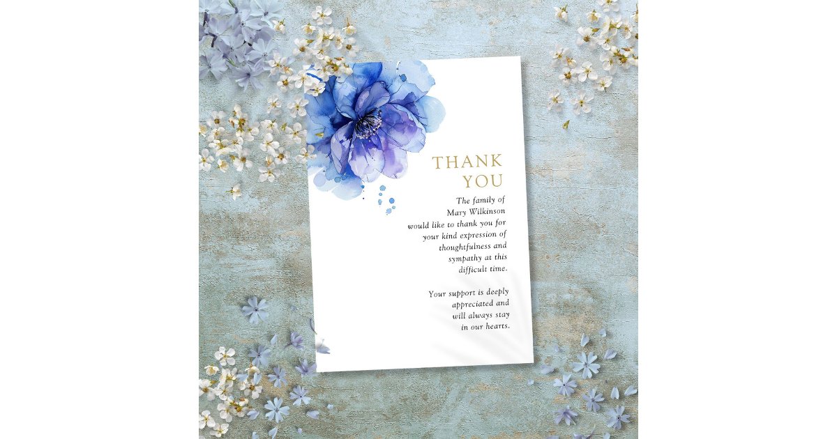 Watercolor Blue Floral Celebration Of Life Funeral Thank You Card | Zazzle