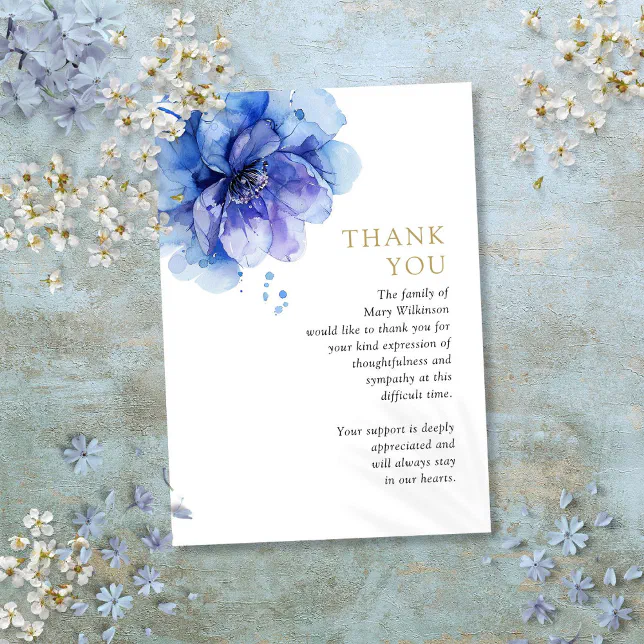 Watercolor Blue Floral Celebration Of Life Funeral Thank You Card | Zazzle