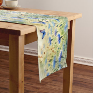 Watercolor Blue Floral Cornflower Germany   Short Table Runner