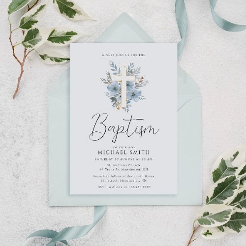watercolor blue floral cross baptism invitation