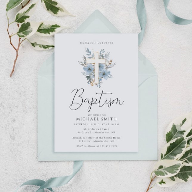 watercolor blue floral cross baptism invitation (Creator Uploaded)