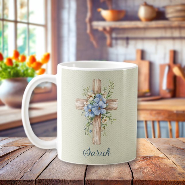Watercolor Blue Floral Cross Personalized Coffee Mug (Watercolor Blue Floral Cross Personalized Coffee Mug
)