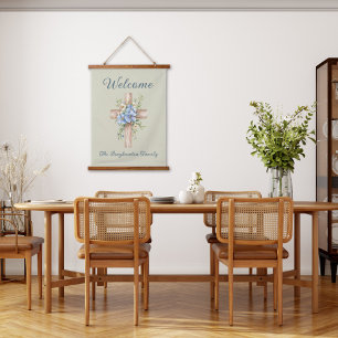 Watercolor Blue Floral Cross Personalized Hanging Tapestry