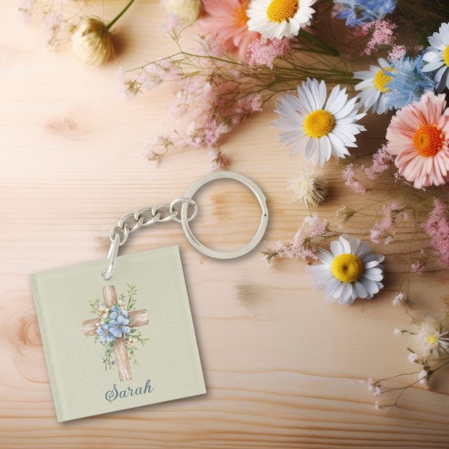 Watercolor Blue Floral Cross Personalized Keychain (Watercolor Blue Floral Cross Personalized Keychain
)