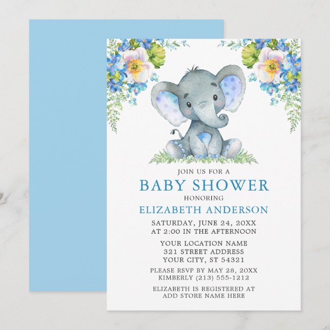 Watercolor Blue Floral Elephant Baby Shower Invitation (Front/Back)