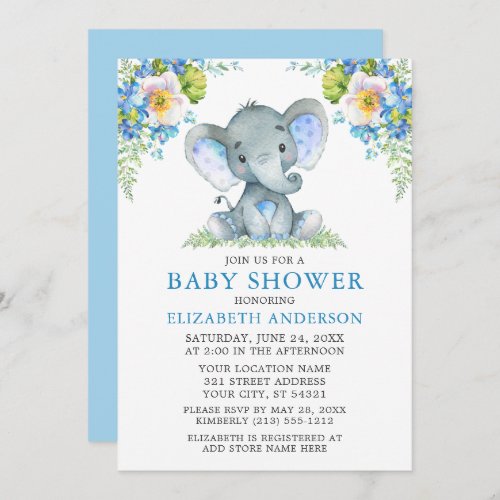 Watercolor Blue Floral Elephant Baby Shower Invitation
