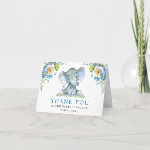 Watercolor Blue Floral Elephant Baby Shower Note Thank You Card