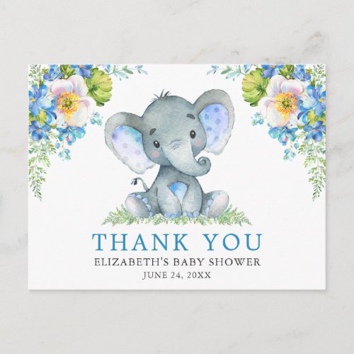 Watercolor Blue Floral Elephant Baby Shower Postcard
