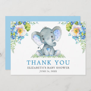 Watercolor Blue Floral Elephant Baby Shower Thank You Card