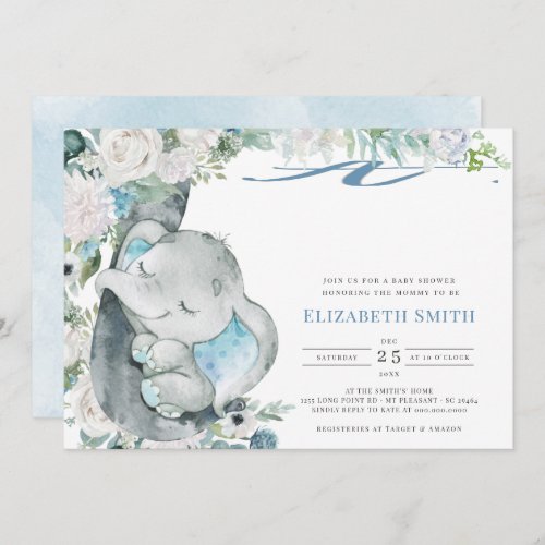 Watercolor Blue Floral Elephant Boy Baby Shower  Invitation
