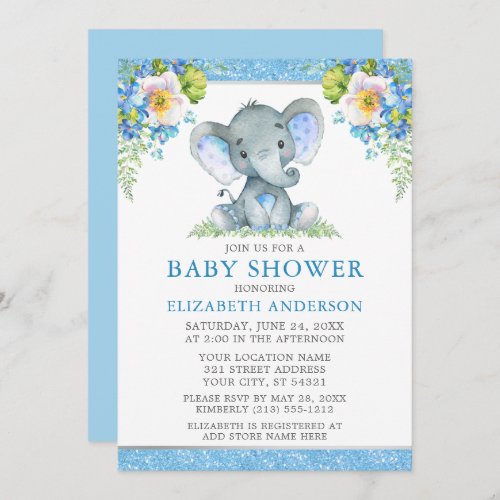 Watercolor Blue Floral Elephant Shower Glitter Invitation