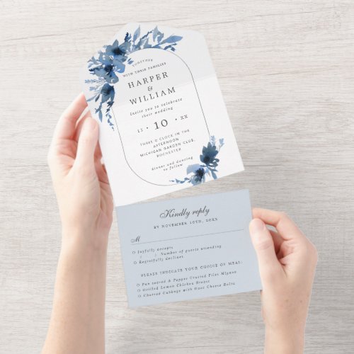 Watercolor blue floral envelope trifold wedding all in one invitation