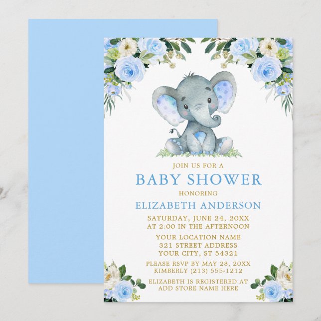 Watercolor Blue Floral Gold Baby Shower Elephant Invitation (Front/Back)