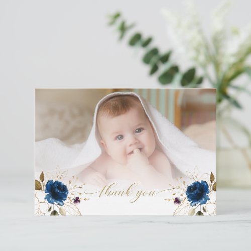 Watercolor Blue Floral Gold Boy Photo Baptism  Thank You Card