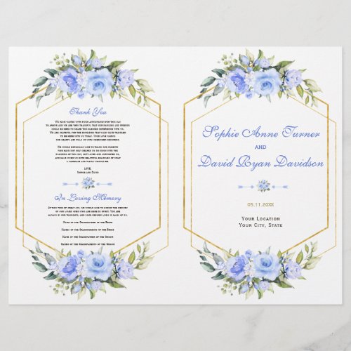 Watercolor Blue Floral Gold Frame Wedding Program Flyer
