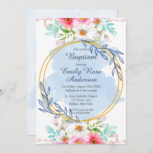 Watercolor Blue Floral Gold Geometric Boy Baptism Invitation