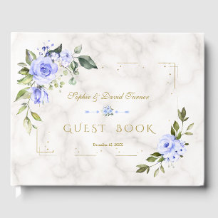Watercolor Blue Floral Gold Glitter Marble Wedding Guest Book