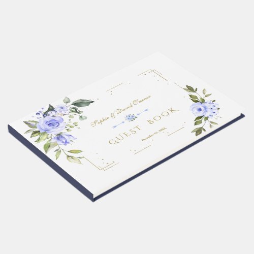Watercolor Blue Floral Gold Glitter Navy Wedding Guest Book