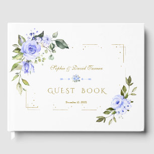 Watercolor Blue Floral Gold Glitter Navy Wedding Guest Book