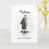 Watercolor Blue Floral Graduation Blonde Girl Card (Yellow Flower)