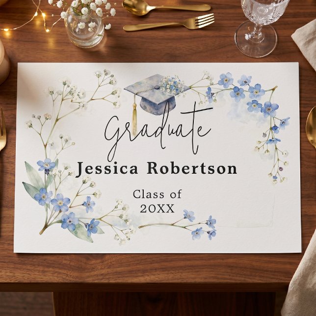 Watercolor Blue Floral Graduation Paper Placemat (Creator Uploaded)
