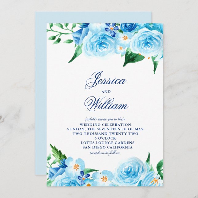 Watercolor Blue Floral Greenery Light Wedding Invitation (Front/Back)