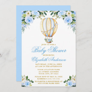 Watercolor Blue Floral Hot Air Balloon Baby Shower Invitation