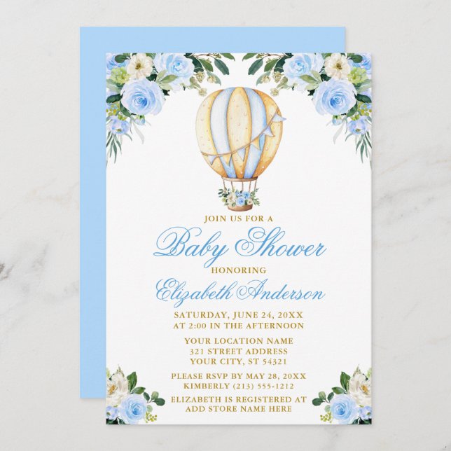 Watercolor Blue Floral Hot Air Balloon Baby Shower Invitation (Front/Back)