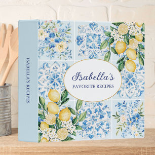 Watercolor Blue Floral Italian Tile Lemon Recipe 3 Ring Binder