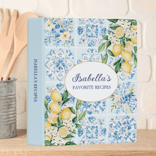 Watercolor Blue Floral Italian Tile Lemon Recipe Mini Binder
