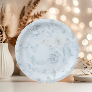 Watercolor blue floral minimalist wedding paper plates