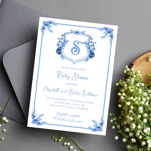 Watercolor Blue Floral Monogram Crest Baby Shower Invitation (Creator Uploaded)