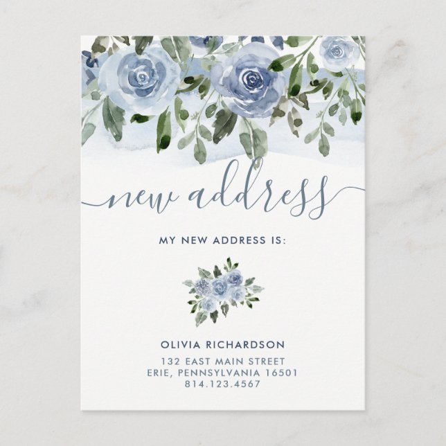 Watercolor Blue Floral | Moving Announcement Postcard (Front)
