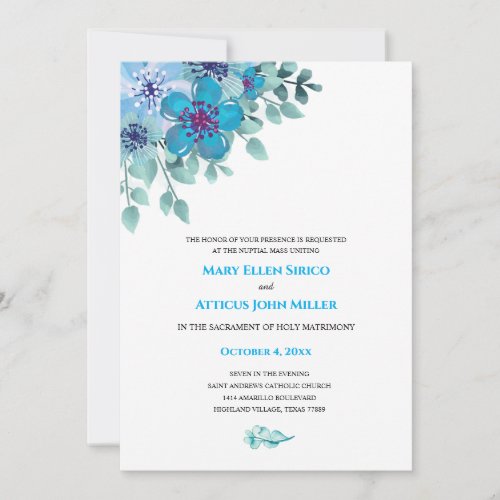 Watercolor Blue Floral Nuptial Mass Invitation