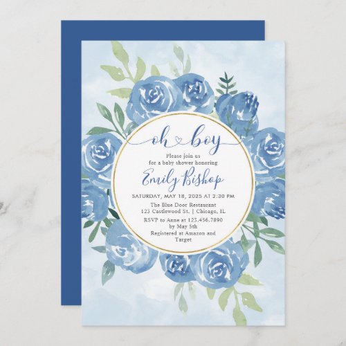 Watercolor blue floral Oh boy Baby shower  Invitation