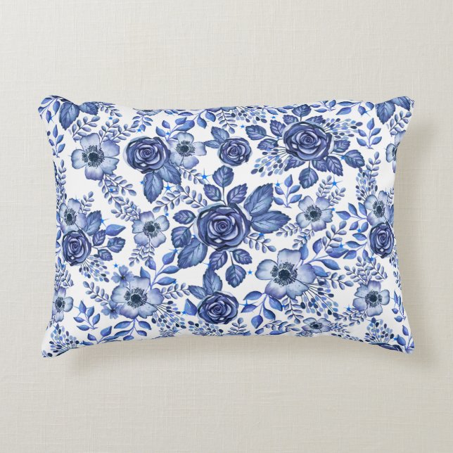 Watercolor Blue Floral pattern Accent Pillow (Front)