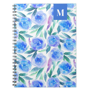 Watercolor blue floral pattern. Garden flowers Notebook