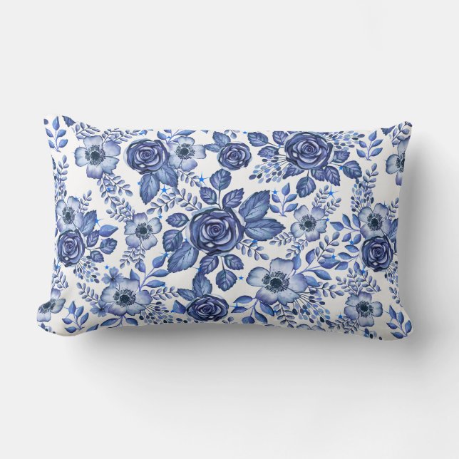 Watercolor Blue Floral pattern Lumbar Pillow (Front)