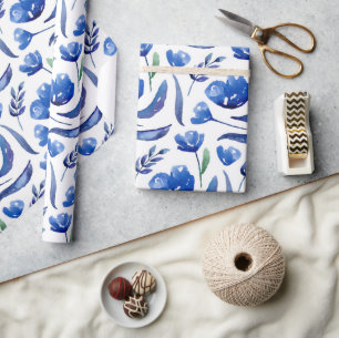 Watercolor blue floral pattern. Navy botanical Wrapping Paper