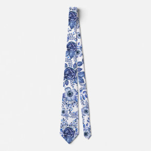 Watercolor Blue Floral pattern Neck Tie